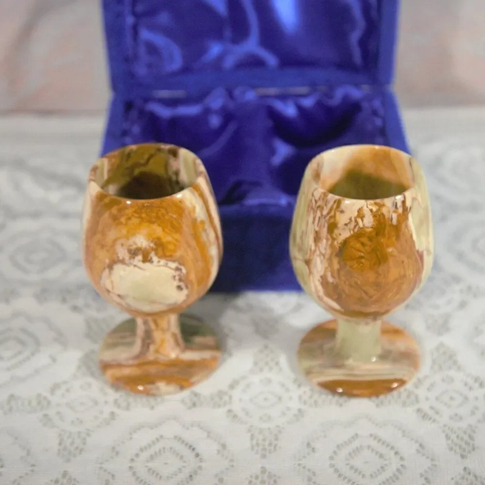 Vintage Marble Barware Set in Blue Velvet and Silky Storage Case
